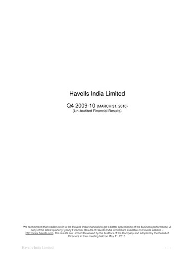 Thumbnail Havells India Quarterly Report 2009-q4