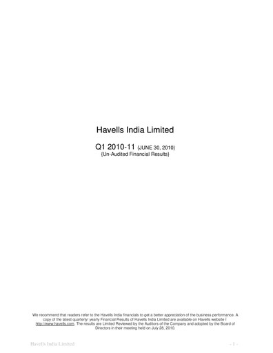 Thumbnail Havells India Quarterly Report 2010-q1