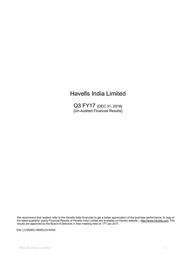 Thumbnail Havells India Quarterly Report 2016-q3