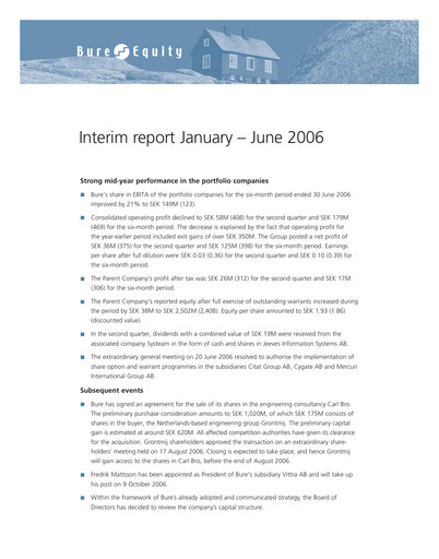 Thumbnail Bure Equity AB Half-year Report 2006-h1