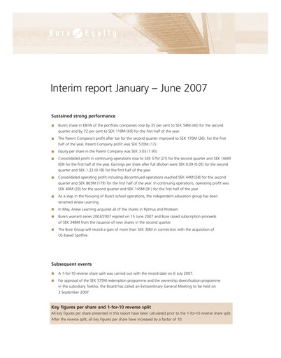 Thumbnail Bure Equity AB Half-year Report 2007-h1