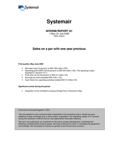 Thumbnail Systemair AB Quarterly Report 2009-q1