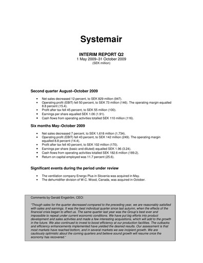 Thumbnail Systemair AB Quarterly Report 2009-q2