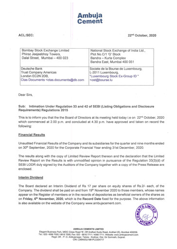 Thumbnail Ambuja Cements
 Quarterly Report 2020-q3