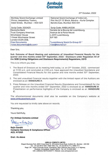 Miniature Ambuja Cements
 Rapport trimestriel 2022-q3