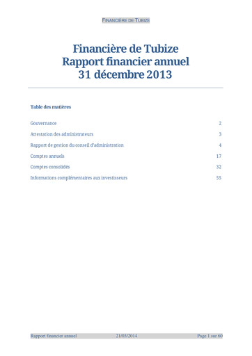 Thumbnail Financière de Tubize Financial Report 2013