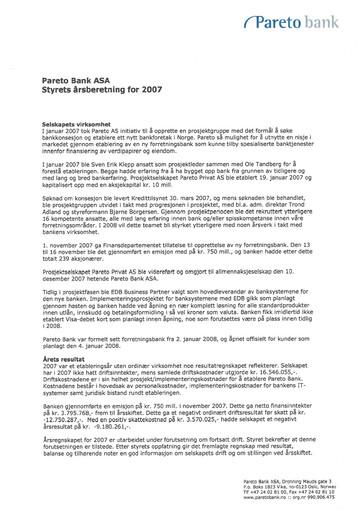 Thumbnail Pareto Bank Annual Report 2007