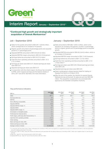 Miniature Green Landscaping Group Rapport trimestriel 2018-q3
