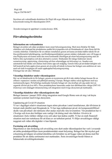 Thumbnail Plejd AB Annual Report 2019