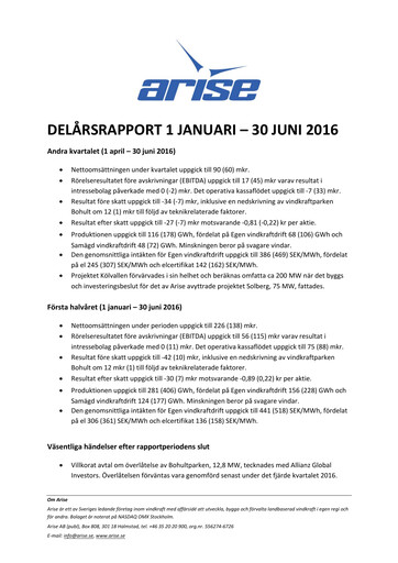 Miniature Arise AB Rapport semestriel 2016-h1