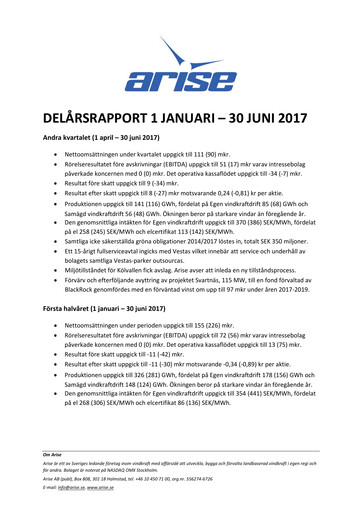 Miniature Arise AB Rapport semestriel 2017-h1