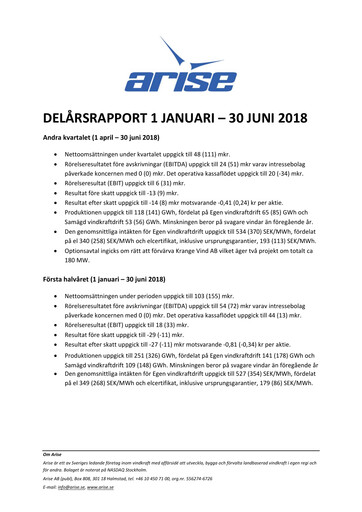 Miniature Arise AB Rapport semestriel 2018-h1