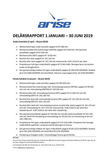 Miniature Arise AB Rapport semestriel 2019-h1
