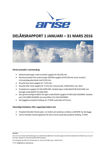 Miniature Arise AB Rapport trimestriel 2016-q1