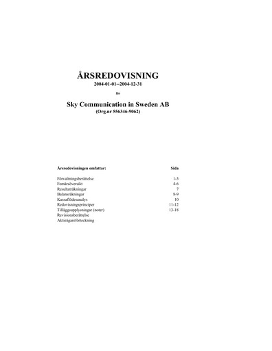 Thumbnail Bredband2 i Skandinavien AB Annual Report 2004