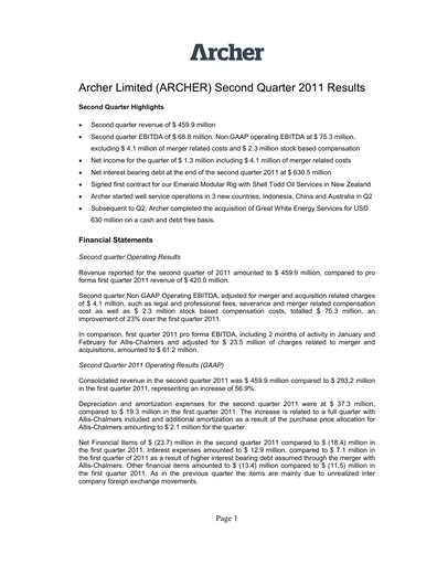 Thumbnail Archer Limited Quarterly Report 2011-q2