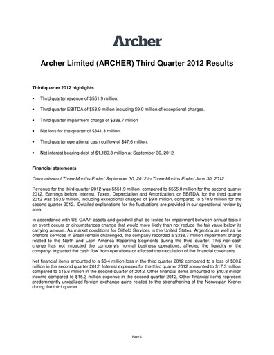 Thumbnail Archer Limited Quarterly Report 2012-q3