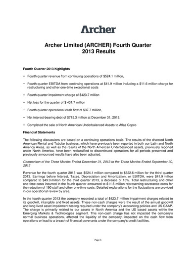 Thumbnail Archer Limited Quarterly Report 2013-q4