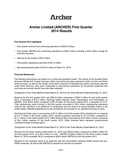 Thumbnail Archer Limited Quarterly Report 2014-q1