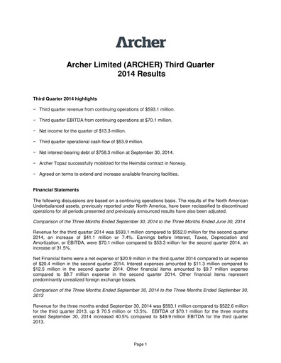 Thumbnail Archer Limited Quarterly Report 2014-q3