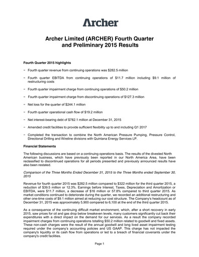 Thumbnail Archer Limited Quarterly Report 2015-q4