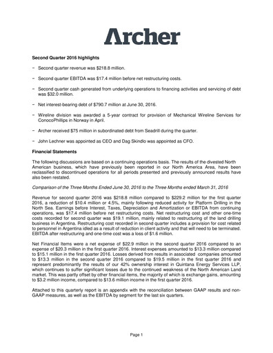 Thumbnail Archer Limited Quarterly Report 2016-q2
