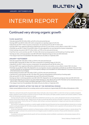 Miniature Bulten AB Rapport trimestriel 2014-q3