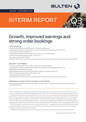 Miniature Bulten AB Rapport trimestriel 2015-q3