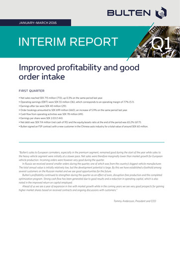 Miniature Bulten AB Rapport trimestriel 2016-q1
