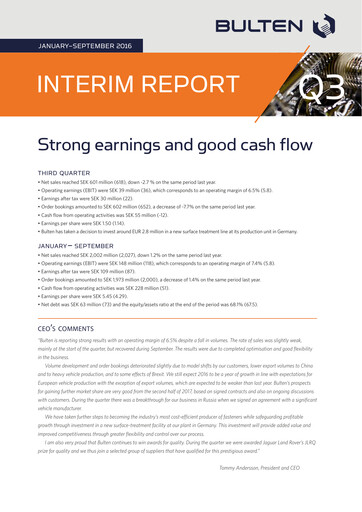 Miniature Bulten AB Rapport trimestriel 2016-q3