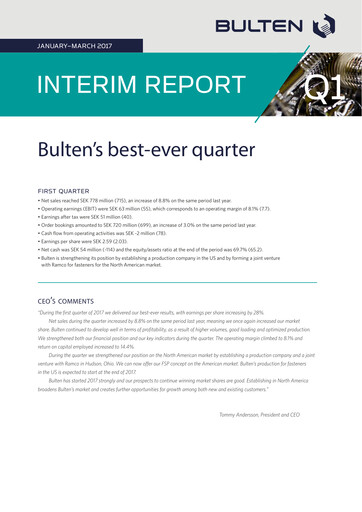 Miniature Bulten AB Rapport trimestriel 2017-q1