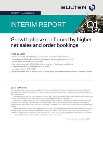 Miniature Bulten AB Rapport trimestriel 2018-q1