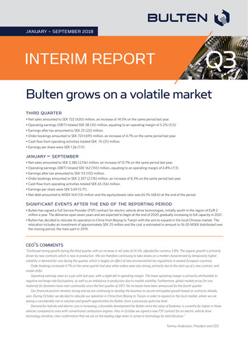 Miniature Bulten AB Rapport trimestriel 2018-q3
