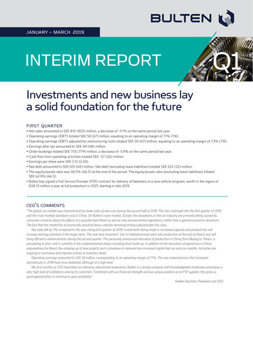 Miniature Bulten AB Rapport trimestriel 2019-q1