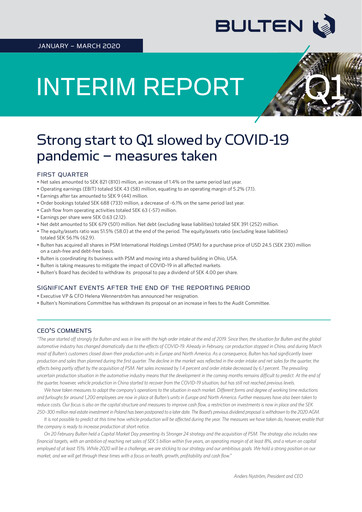 Miniature Bulten AB Rapport trimestriel 2020-q1
