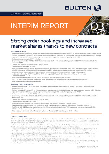 Miniature Bulten AB Rapport trimestriel 2020-q3