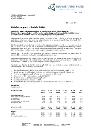 Thumbnail Djurslands Bank A/S Half-year Report 2016-h1