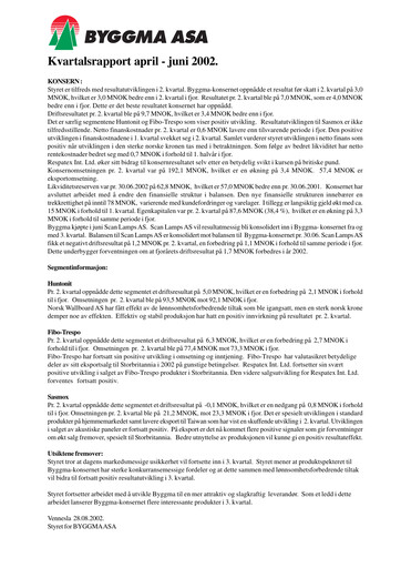 Vorschaubild Byggma ASA Quartalsbericht 2002-q2