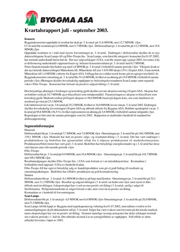Vorschaubild Byggma ASA Quartalsbericht 2003-q3
