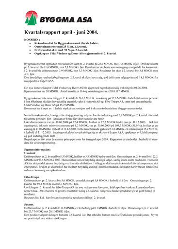 Vorschaubild Byggma ASA Quartalsbericht 2004-q2