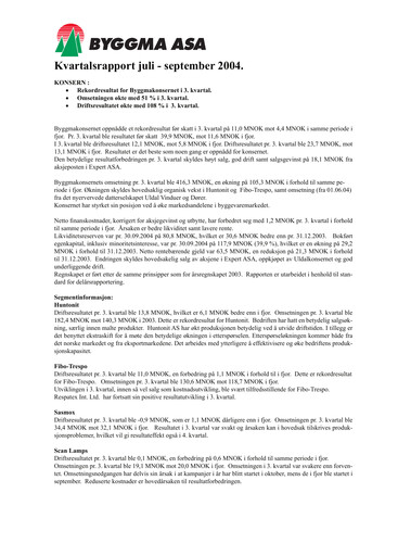 Vorschaubild Byggma ASA Quartalsbericht 2004-q3