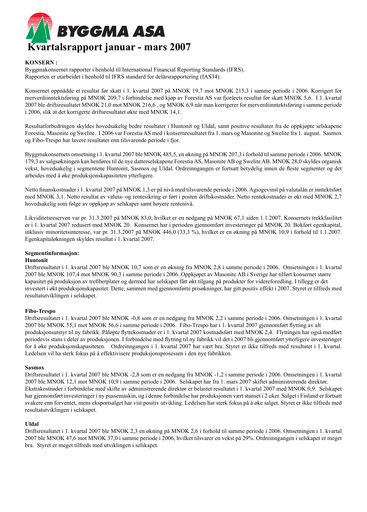 Vorschaubild Byggma ASA Quartalsbericht 2007-q1