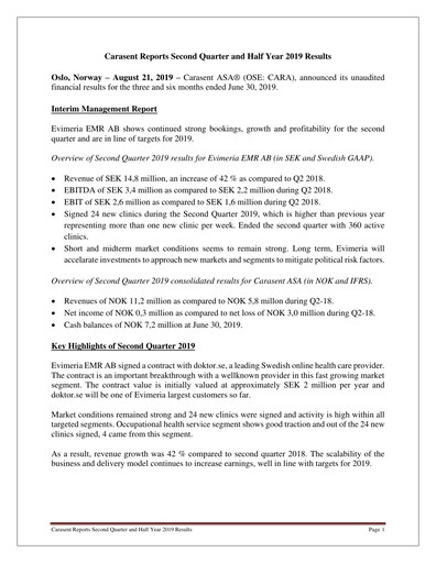 Thumbnail Carasent ASA Quarterly Report 2019-q2