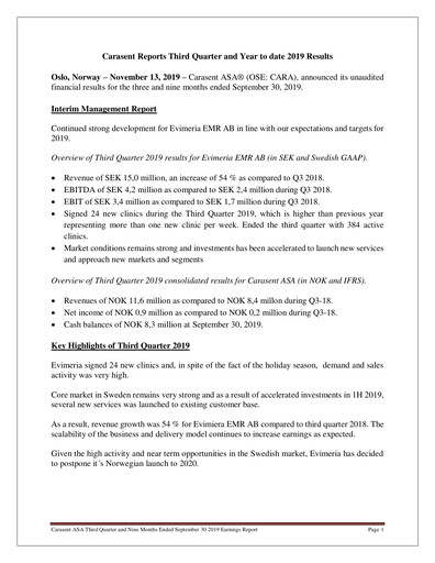 Thumbnail Carasent ASA Quarterly Report 2019-q3