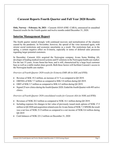 Thumbnail Carasent ASA Quarterly Report 2020-q4