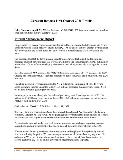 Thumbnail Carasent ASA Quarterly Report 2021-q1