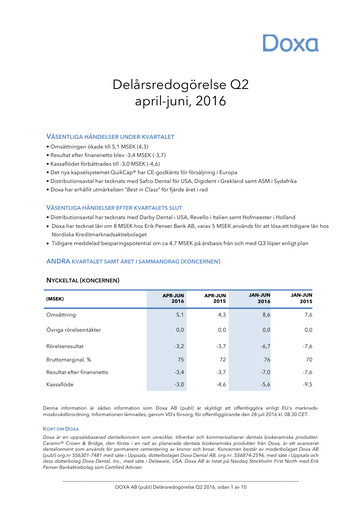 Thumbnail Doxa AB Quarterly Report 2016-q2