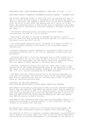 Thumbnail Alma Media Financial Statement 2003
