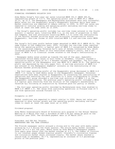 Thumbnail Alma Media Financial Statement 2006