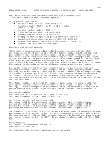 Thumbnail Alma Media Quarterly Report 2007-q3